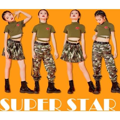 Jazz Dance Kids Hip Hop Clothing Camouflage Pants Suit Short Sleeve Crop Tops Girls Performance Outfit Stage Costume DNV15029