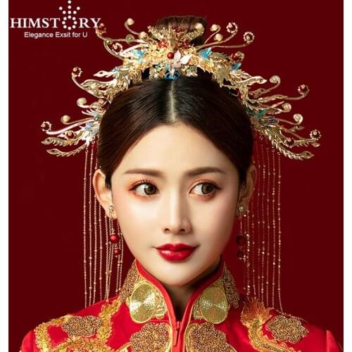 HIMSTORY New Chinese Bride Headdress Classical Phoenix Hair Crown Step Rocking Suit Wedding hair Accessories