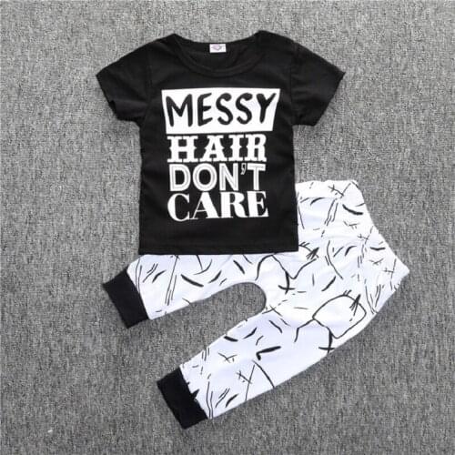 Hooyi Black White Baby Girls Clothes Set Short-Sleeve Boy T-Shirt Pant 100% Cotton 70 80 90 100 Toddler Clothing Suit Messy Hair