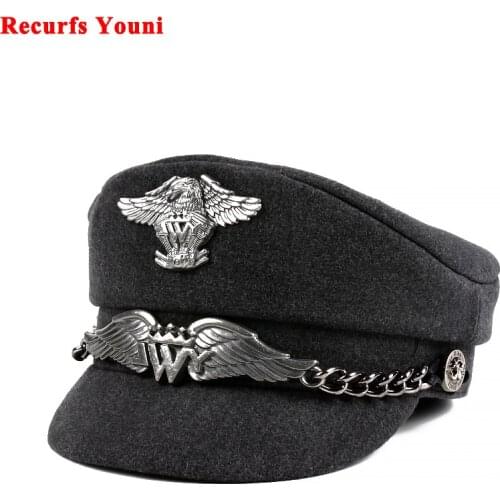 Eagle Military Cap For Man Women Flat Top Korean Trends Mark Silver Chain Punk Locomotive Casquette Male Woolen Street Hats