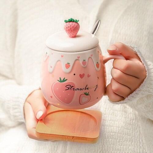 Strawberry Funny Coffee Cup Ceramic Creative Color Heat-resistant Mug with Lid 450ml Kids Office Home Drinkware Gift