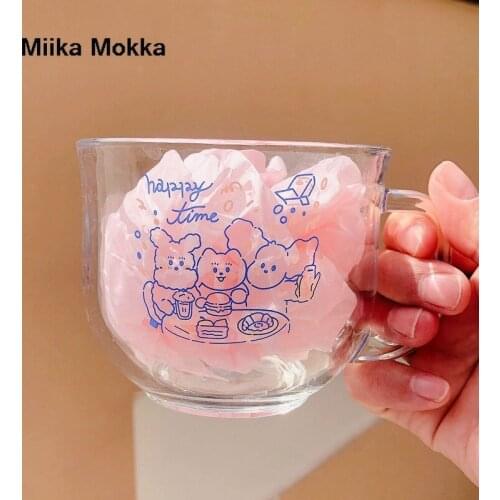 Korean Ins Cute Cartoon Love Bear and Rabbit Glass Student Anti-scalding Breakfast Milk Oatmeal Cup Large Capacity Glass Cup