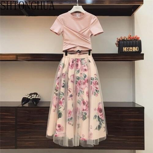 SHTONGHUA Summer Women Overlapping Pink Bowknot Short Cotton T Shirt Skirt Suits + Mesh Print Floral Skirt Sets For Woman