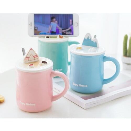 Personality Couple Ceramic Mug with Cover Spoon,Cartoon Milk Cup,Student Breakfast Milk Mugs puer mug Mobile phone holder mug