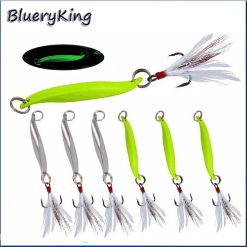 BlueKim 7/10/15/20/30g Metal Jig Spinner Spoon Fishing Jigging Lure Hard Baits Sequins Luminous Noise With Feather Treble Hook
