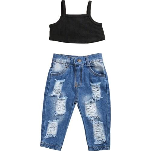 2020 Fashion Kids Baby Girls 2PCS Outfit Set Sleeveless Solid Color Sling Top + Ripped Hole Pants Set