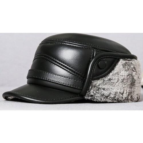 XdanqinX Men Earmuffs Caps Genuine Leather Hat Winter Mens Warm Military Hats Elderly Dad Cowhide Leather Thick Velvet Flat Cap