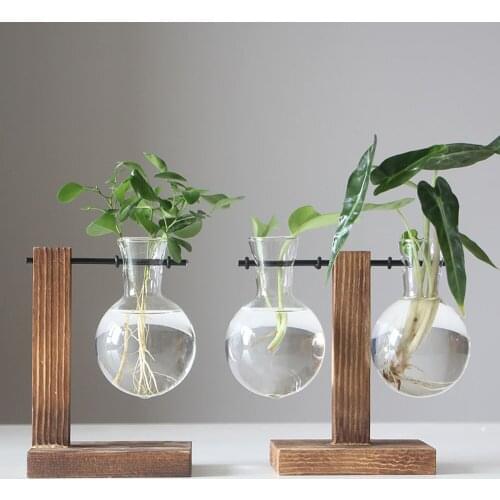 Desktop Hanging Glass Planter Plants Bulb Vase with Stand Retro Wooden Stand with Vase Metal Swivel Holder Home Decoration Vase