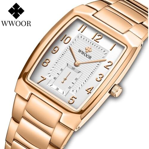 2021 New WWOOR Mens Watches Design Luxury Stainless Steel Rose White Square Men Wrist Watches Business Waterproof Quartz Clock