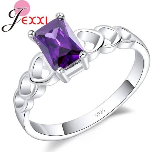 Hollow Design Elegant Lady Exclusive Purple 925 Sterling Silver Ring With Shiny Rectangular Crystal Big Promotion
