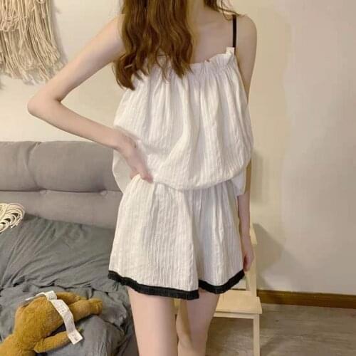 Womens Pajamas Korean Fashion Thin Lovely Simple Sleeveless Tops with Shorts 2 Piece Set Female Casual Loose Girlish Sleepwear