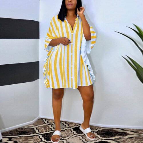 Batwing Sleeve Striped Ruffles Mini Dress Loose Button Down Casual Dresses