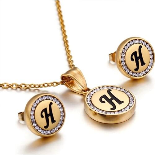 Popular stainless steel jewelry 26 letters cubic zirconium round necklace earrings Jewelry sets