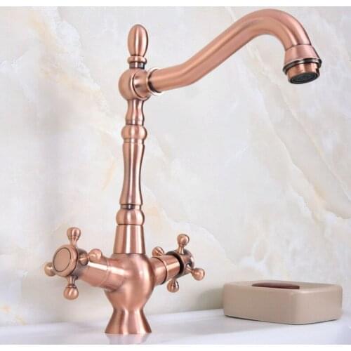 Antique Red Copper Dual Cross Handle Bathroom Basin Faucet Single Hole Deck Mounted lnf617