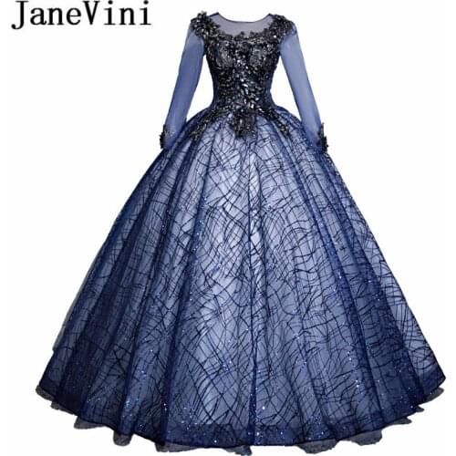 JaneVini Vintage Navy Long Sleeve Quinceanera Dresses Lace Appliques Luxury Sequins Illusion Tulle Women Prom Formal Ball Gowns
