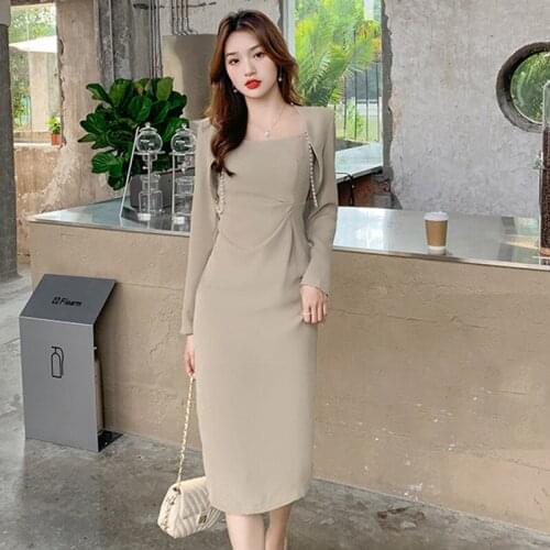 Vintage Cardigan Long Sleeve Short Top Jacket Coat Women OL Casual Fashion Sexy Strap Folds Midi Split Dress Female 2 Pieces Set