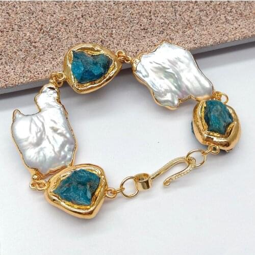 YYGEM Natural Blue Apatite Rough natural Cultured White Keshi Pearl gold color Filled wrap Bracelet classic style for women