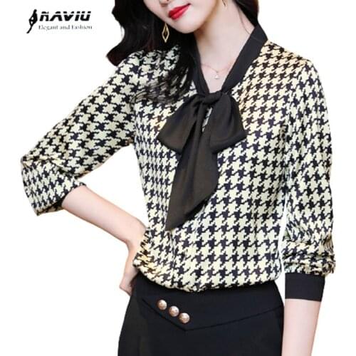 Bow Printe Plais Shirt Women New 2021 Fashion Temperament Design Casual Bottoming Chiffon Blouses Office Ladies Work Tops
