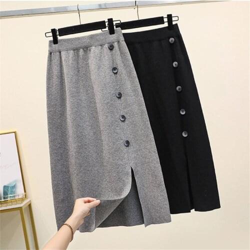 Plus Size Womens Spring Autumn 2020 New Loose Slim Fashion Casual Knitted Pencil Skirts Solid Split Step Sexy Saias Mulher k951