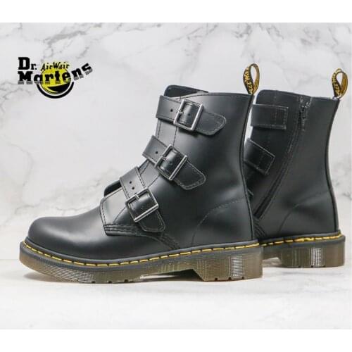 Dr.Martens Women Black Blake 3 Breasted Buckle Strap Side Zipper Doc Martin Ankle Boots Female No-Slip Durable Leather Shoes