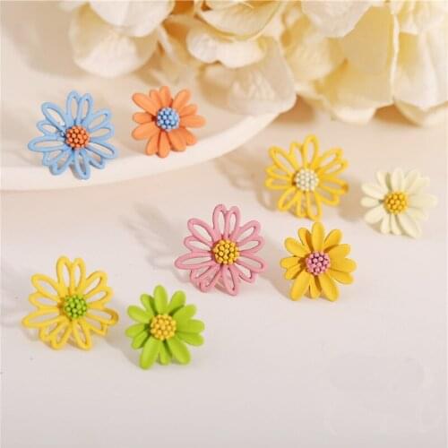 Cute Painted Sunflower Cactus Daisy Stud Earrings for Women Minimalist Enamel Plant Shape Small Flower Earrings Jewelry 2020
