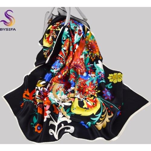 BYSIFA|Black Real Silk Scarf Ladies Luxury Colorful Floral Large Square Scarves Printed Fall Winter Neck Scarf Shawl MuslimHijab