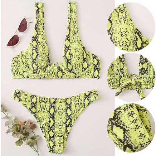Women Solid Lace Bikini Set Push Up Swimsuit Beachwear Padded Swimwear string femme Yellow snakeskin print Unique printing F4