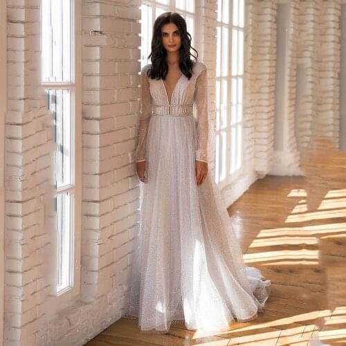 UZN Chic Ivory Empire Glitter Wedding Dress Sexy Backless V Neck Beading Bridal Gowns Vestido De Noche