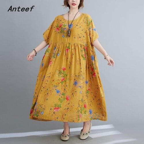 Short sleeve cotton vintage floral dresses for women casual loose long summer dress elegant clothes 2021 sundress