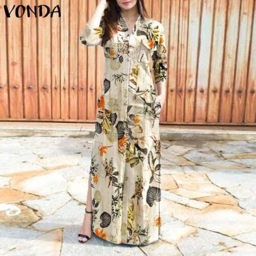 Shirt Dress 2021 Vintage Floral Print Long Sleeve Lapel Button Down Dresses VONDA Women Bohemian Party Vestidos Robe