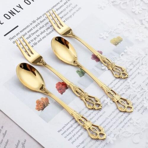 1 Pc European Royal Dessert Spoon Retro Hollow Cake Fruit Fork Embossed Craft Spoon Golden European Stainless Steel Coffee Spoon