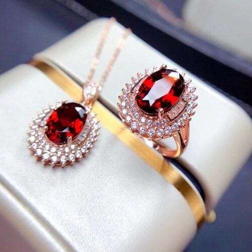 100% Natural and Real Garnet Set 925 Sterling Silver,1pc Ring,1pc Pendant Female Anniversary Jewelry