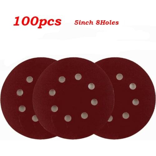100PCS 40/60/80/120/180/240/320/400/600/800 Grit Round Sanding Sheet 5inch 8Holes Hook and Loop Sandpaper Discs for Polish Tool