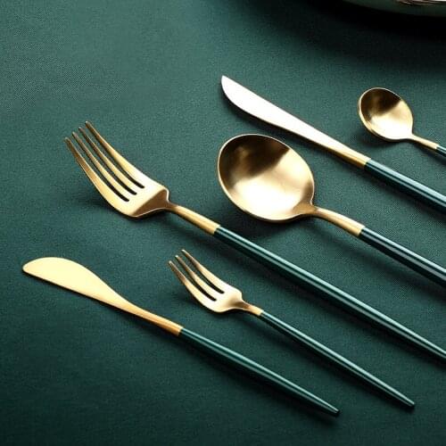 4pcs/5pcs Portuguese Style Green And Gold Stainless Steel Dinnerware Sets Coffee Scoop Table Knife Fork Spoon Chopsticks Kit Hot