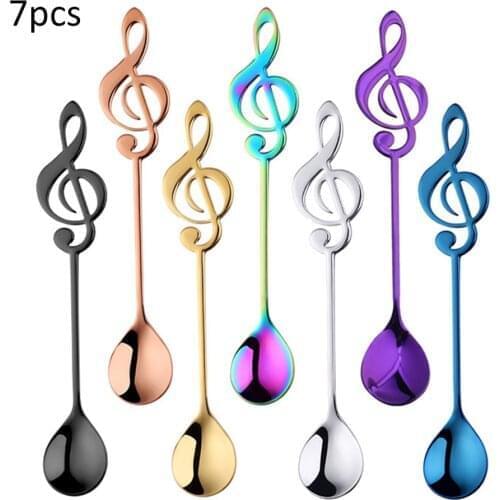 7pcs Colorful Coffee Spoon Musical Note Stainless Steel Tea Stirring Spoon Set Drink Tableware for Sugar Ice Cream Dessert