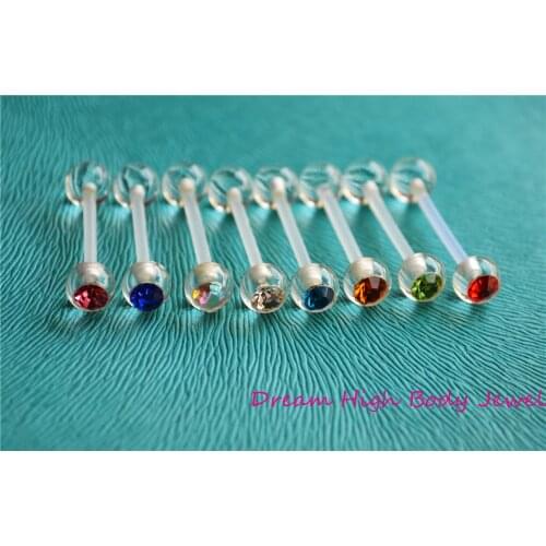 Crystal Gem Body Jewellery ACRYLIC Piercing Ring Tongue Bar Bioflex 14G 16mm Mixed Colors Transparent Popular Piercing Flexible