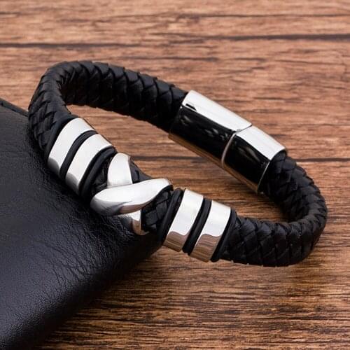 Fashion Charm Stainless Steel Magnetic Black Genuine Leather Bracelet Men Braided Rope Hand Jewelry Mental Hand Bangle