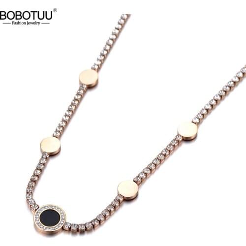 BOBOTUU Sparkling Titanium Stainless Steel CZ Crystal 5Pcs Disc Choker Necklaces For Women Bohemia Rhinestone Necklace BN19192