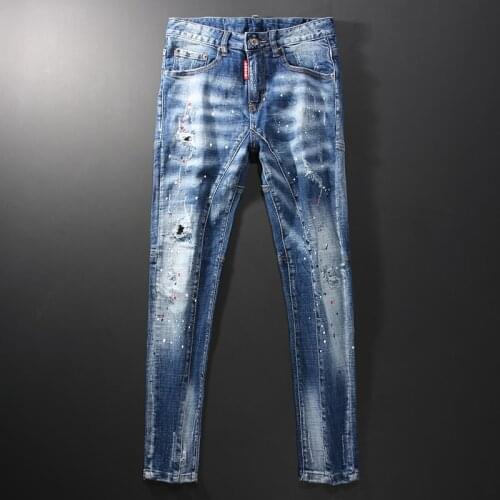 European Street Fashion Men Jeans Retro Blue Elastic Slim Fit Ripped Jeans Men Spliced Designer Hip Hop Denim Punk Pencil Pants