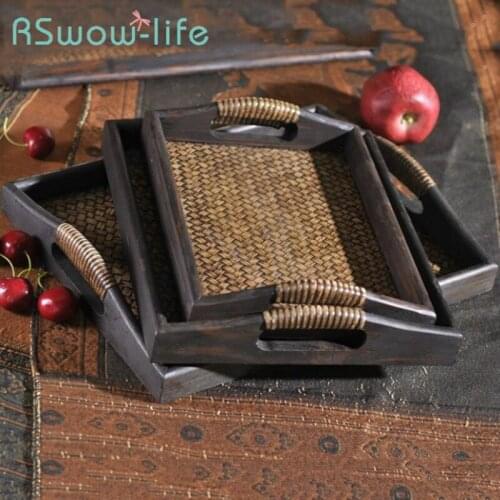 Creative Wooden Woven Tray Thai Rattan Beauty Salon Tray Hotel Rectangular Water Cup Tea Tray Fruit Plate For Dinner Plates