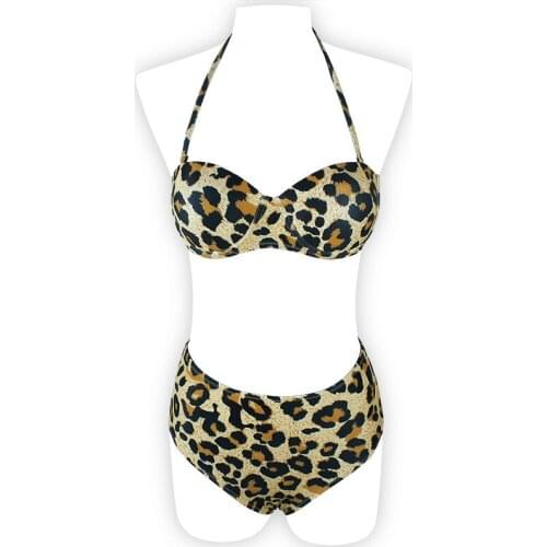 2021 new European and American leopard print hard bag high waist solid color sexy split bikini women