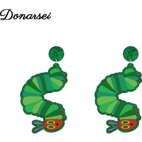 Donarsei 2021 New Cute Green Caterpillar Animal Acrylic Earrings For Women Lovely Insect Hair Bug Drop Dangle Earrings Party