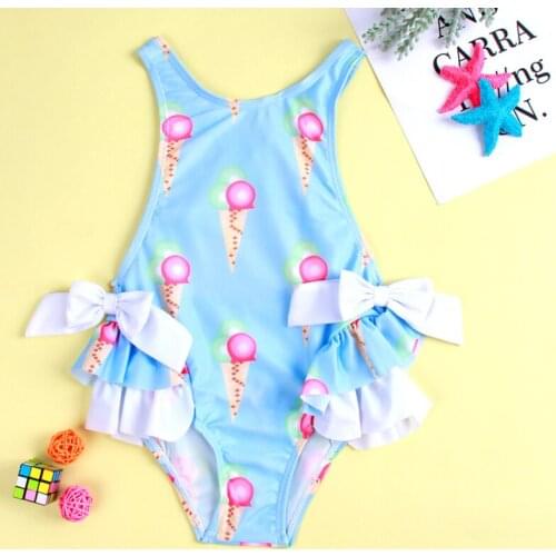 New Girl One Piece Swimsuit Baby Blue Swimwear Child Backless Bathing Suit Cute Bow Ruffle Beachwear Infant Triangle Bikini 3-8Y