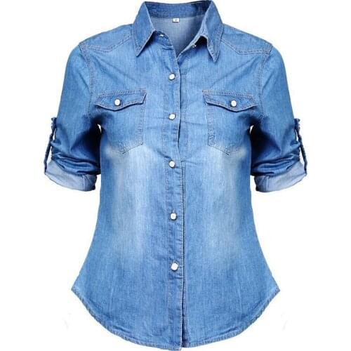 Casual Womens Pockets Blue Loose Jean Soft Denim Blouse Jumper V-neck Long Sleeve Shirts Tops Blouses Sunsuit Clothes Outwear