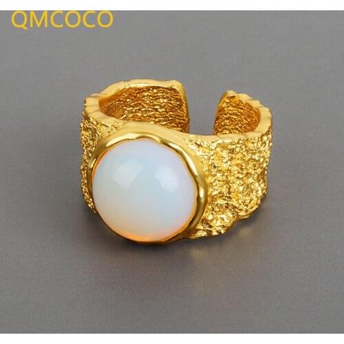 QMCOCO Korean Style S925 Sterling Silver Lava Texture White Stone Rings For Women Design Open Adjustable Rings Woman Jewelry