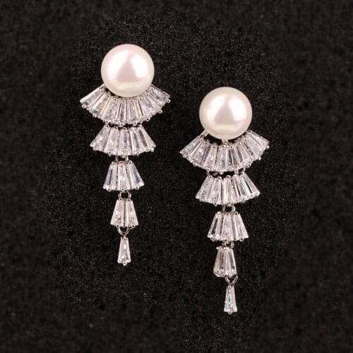 Earrings Luxury AAA Zircon Crystal CZ Pearl Long Drop Earrings Bridal Wedding Party Jewelry For Women Brides