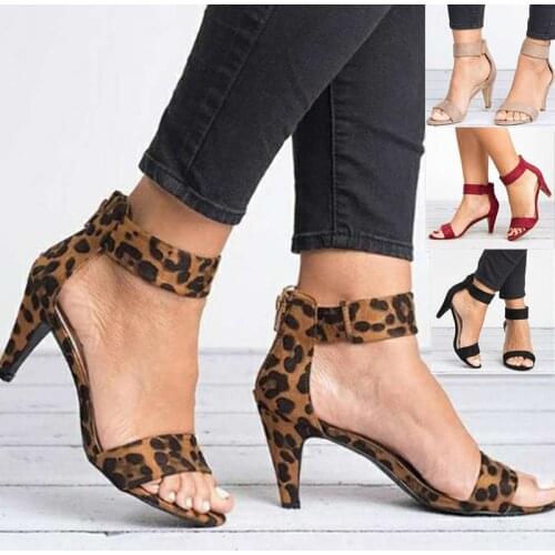 Summer Women Pumps Sandals Thin High Heel Open Toe Zipper Suede Leopard Platform Office Ladies Sandal Shoes Sapato Feminino
