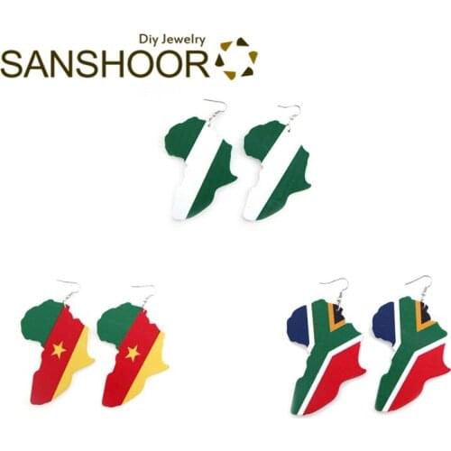 SANSHOOR Afro Wooden Earrings Africa Map African Flag Nation Country Large Size Wood Dangler Gift for Black Woman 6 Pairs