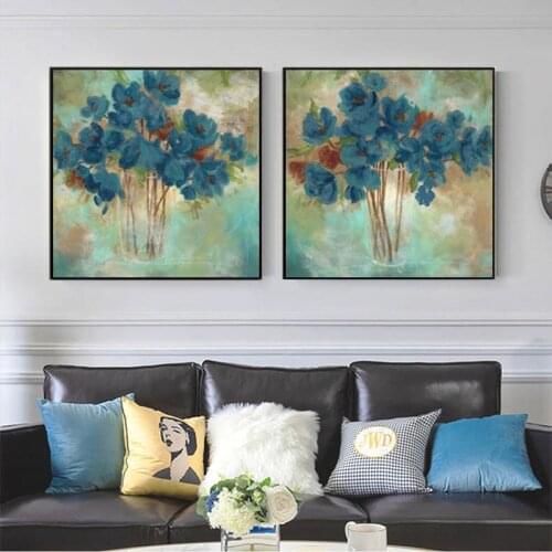 Dark-Blue Flowers Gouache Exquisite Wall Posters Canvas Painting Modern Style Wall Art Home Decoration for Living Room Bedroom