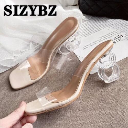 New Summer Sandals Fashion PVC Riband Crystal Open Toed High Heels Women Transparent Heel Sandals Party Pumps Big Size 42